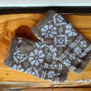 Hand-Knit Brown and White Fingerless Gloves size L-XL